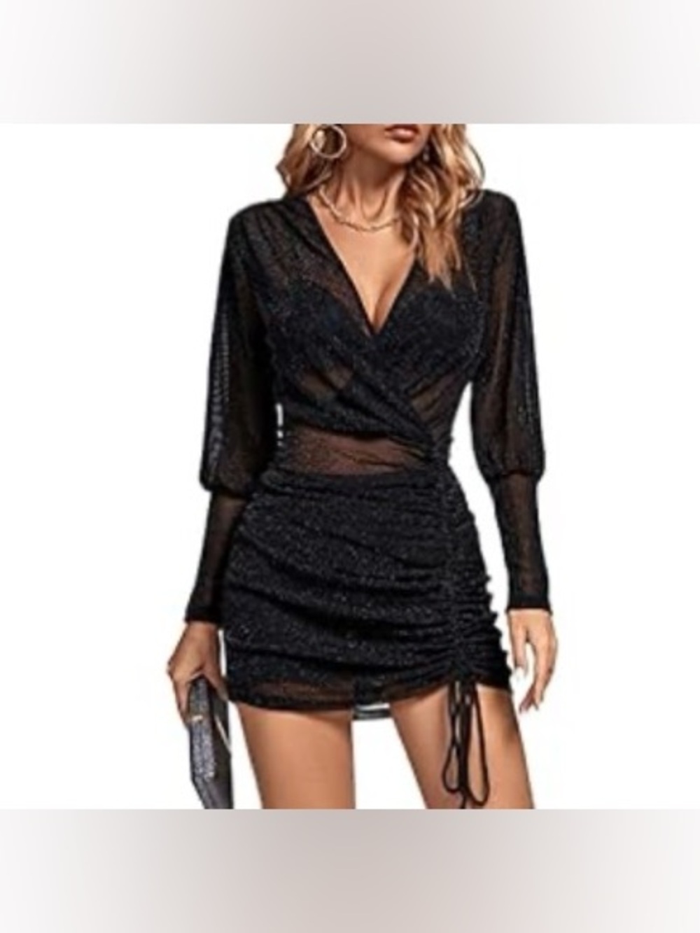 Sheer Glitter Ruched Mini Dress
